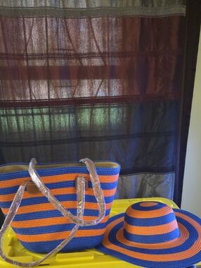 Blue and Orange Striped Tote Bag with Matching Hat